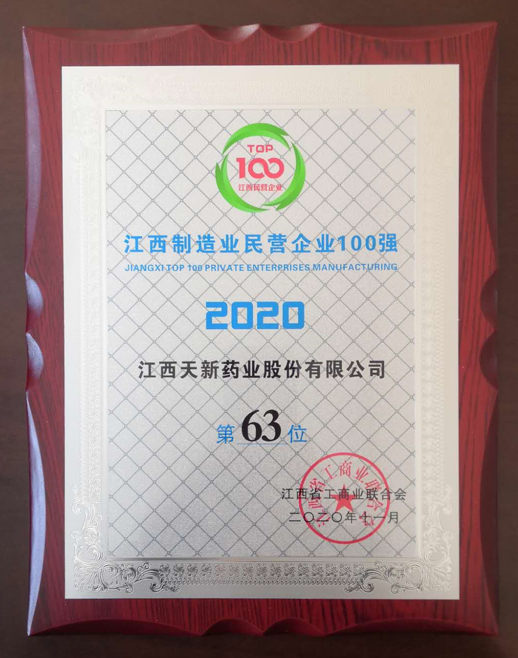 2020江西省制造業民營企業100強第63位